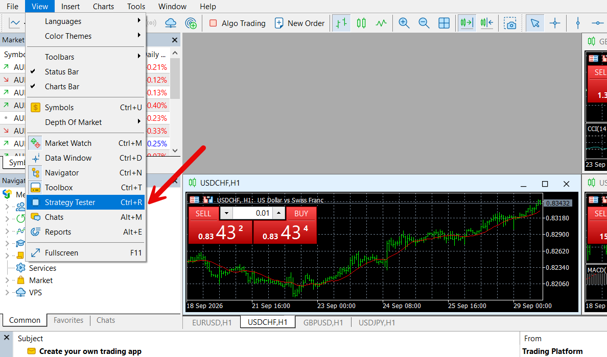 مرحله اول بک تست متاتریدر 5؛ باز کردن Strategy Tester
