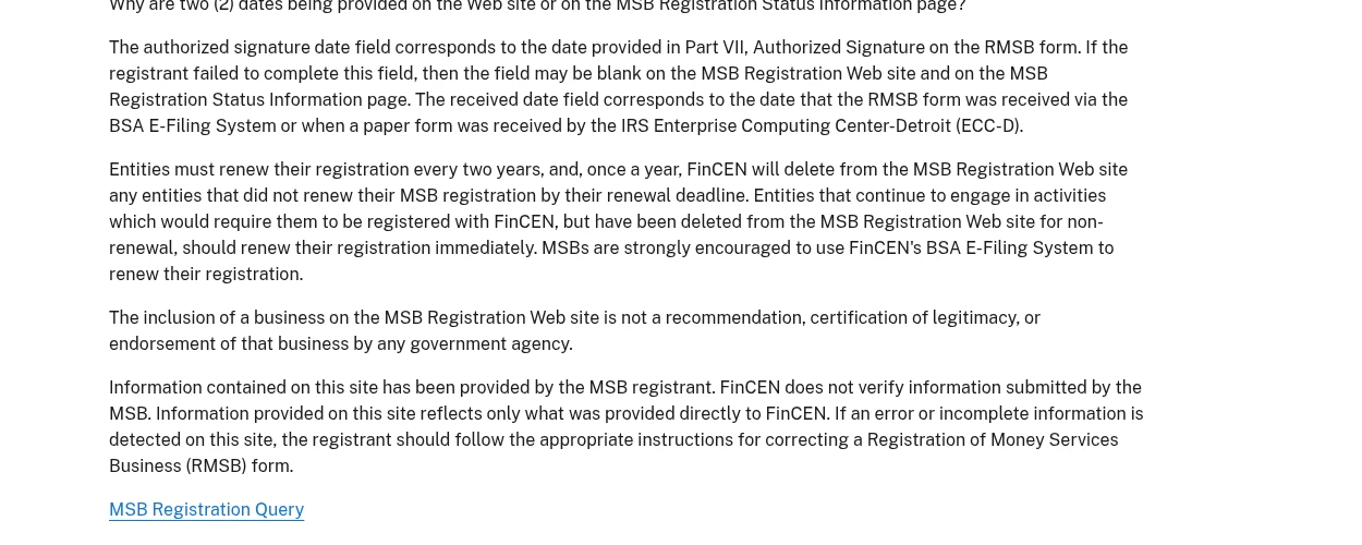 توضیح رسمی FinCEN درباره تفاوت ثبت MSB با تأیید اعتبار شرکت