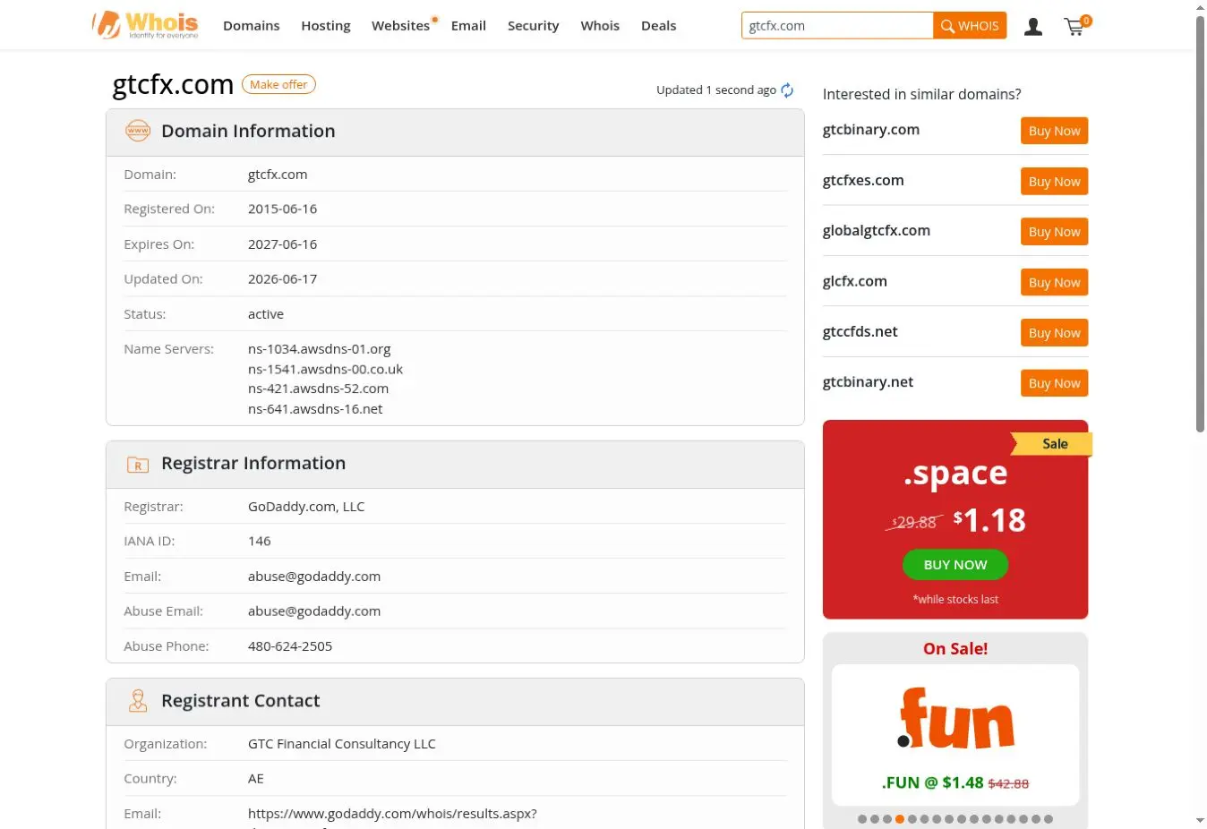 اطلاعات WHOIS دامنه gtcfx.com و تاریخ ثبت دامنه